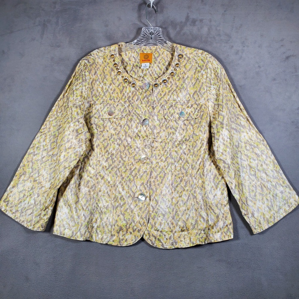 Ruby Rd Jacket Womens 10 Yellow Metallic Beaded Neck Linen Blend Artsy Boho Chic